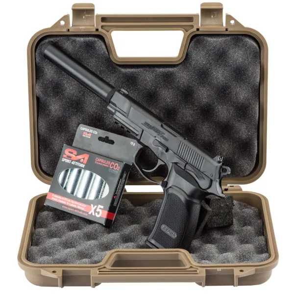 Pack airsoft Bersa Thunder 9 CO2 + mallette + 5 cartouches de CO2 + silencieux Pack