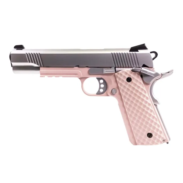 Réplique airsoft GBB 1911 MEU Railed  Raven full metal gaz Rose / Silver 1,0J RAVEN MEU RAILED PINK