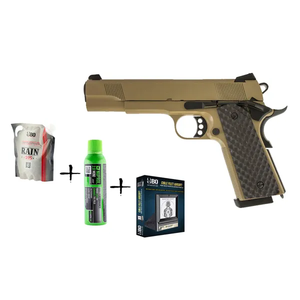 Pack de Noel réplique GBB Raven 1911 MEU Tan 1J + billes + cible + gaz