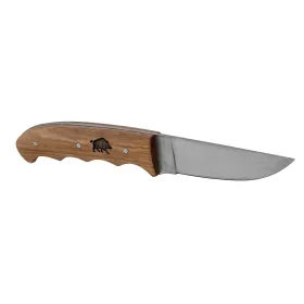 Couteau manche platane avec gravure sanglier et fourreau en cuir COUTEAU MANCHE PLATANE FOURREAU CUIR GRAVURE SANGLIER