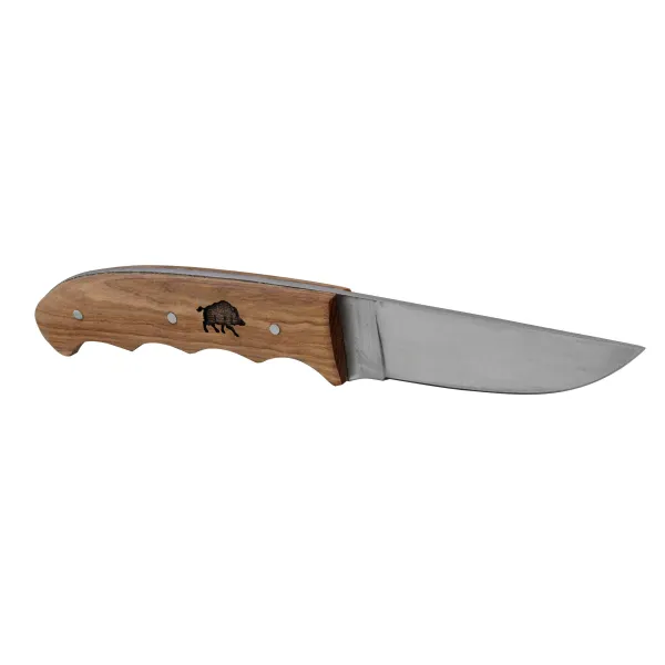 Couteau manche platane avec gravure sanglier et fourreau en cuir COUTEAU MANCHE PLATANE FOURREAU CUIR GRAVURE SANGLIER