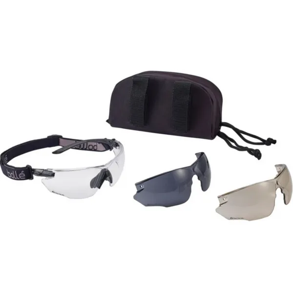 Lunettes BOLLE Combat Kit incolore avec deux écrans, harnais et housse LUNETTES COMBAT KIT BOLLE INCOLORE + 2 ECRANS FUME + HARN