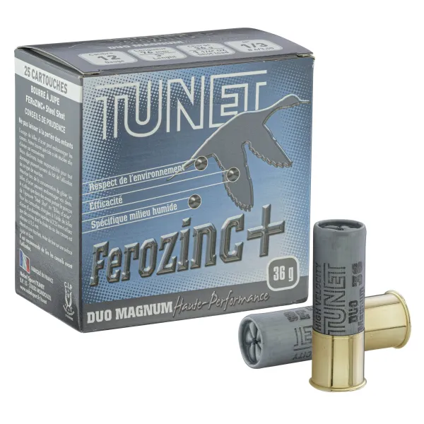 Cartouches de chasse Hautes Performances Tunet  Ferozinc+ Duo-Magnum 12/76 36g Acier numéro 1/3 Tunet 12/76 Acier HP 36g n°1/3