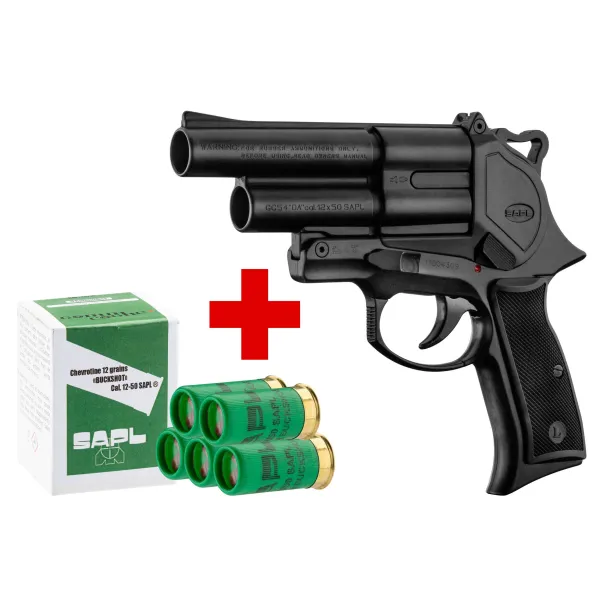 SAPL - Pack Pistolet Gomm-Cogne SAPL GC54 bronzé + 1 boîte de 5 cartouches 12/50 SAPL chevrotine PACK SAPL GC54 DOUBLE A